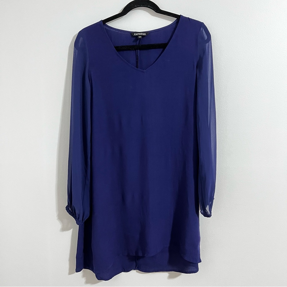 Express‎ Royal Blue Sheath Dress Mini Size S Small Long Sheer Sleeve slip